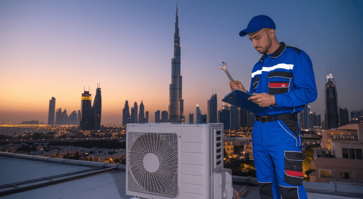 AC technician inspecting unit for repair – average AC repair cost in Dubai
